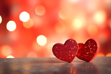 Saint Valentine day greeting card with two red hearts against festive bokeh background