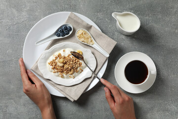 Muesli with yogurt, concept of tasty breakfast