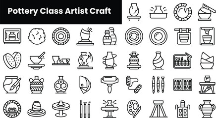 Set of outline pottery class artist craft icons - obrazy, fototapety, plakaty