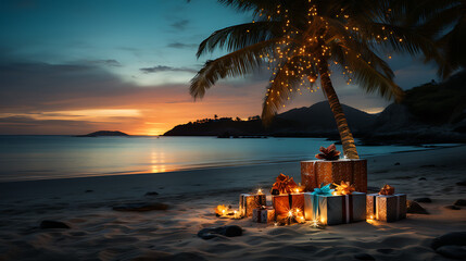 A isolated palm tree standing on the beach surrounded with some gifts and lights hanging in it. - obrazy, fototapety, plakaty