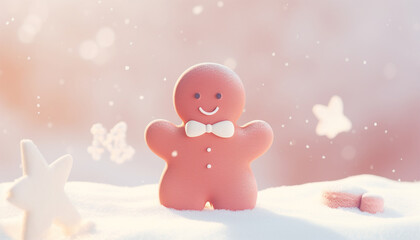 3D Holiday Gingerbread Man Cookie in Snow. Render Cookie in Winter Landscape. Happy New Year Decoration. Merry Christmas Holiday. New Year and Xmas Celebration. Realistic illustration pastel colored