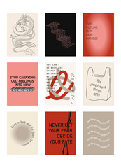 Set of positive social media quotes, motivation posters on trendy abstract background in neutral colors (Japanese text translation: poster design).
