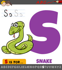 letter S worksheet with cartoon snake animal character