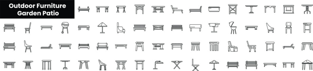 Set of outline outdoor furniture garden patio icons - obrazy, fototapety, plakaty