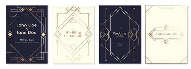 Art deco wedding invitation. Retro decorative label with geometric shapes and floral ornaments for wedding invitation postcard. Vector set - obrazy, fototapety, plakaty