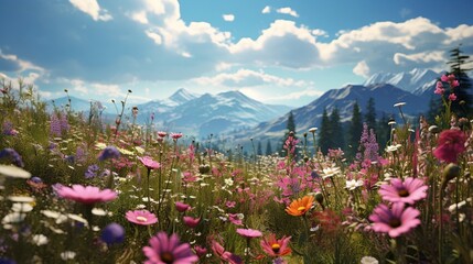 A diverse meadow of wildflowers, thriving in an untouched wilderness, a living mosaic.