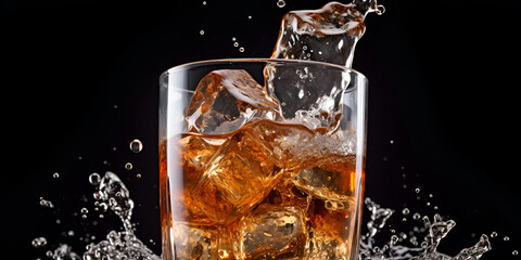 Cola Soda Drink Coca Cola, Whiskey Liquid, Drinks Coke, Glass Splashing Whisky Drink, Pour soft drink in glass with ice splash,  generative Ai - obrazy, fototapety, plakaty