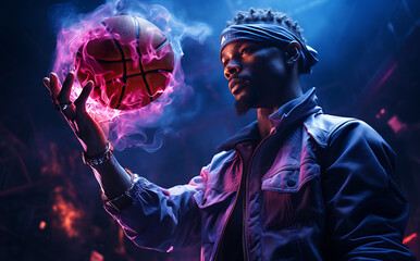 Man holding basketball in sport training, in the style of light indigo and pink, futuristic organic, bold fashion photography