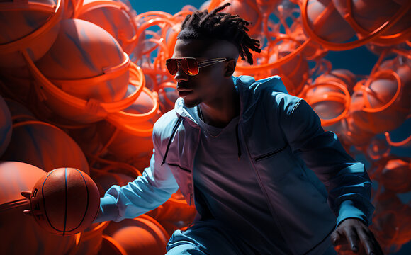 Man holding basketball in sport training, in the style of light indigo and orange, futuristic organic, bold fashion photography