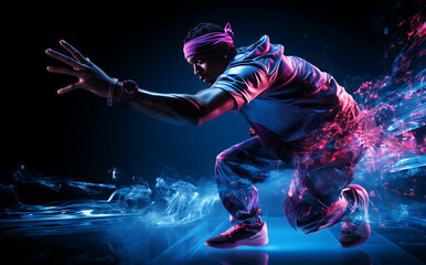Man / dancer posing in bold style, in the style of light indigo and pink, futuristic organic, bold fashion photography