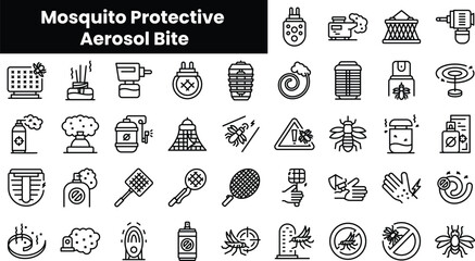 Set of outline mosquito protective aerosol bite icons - obrazy, fototapety, plakaty