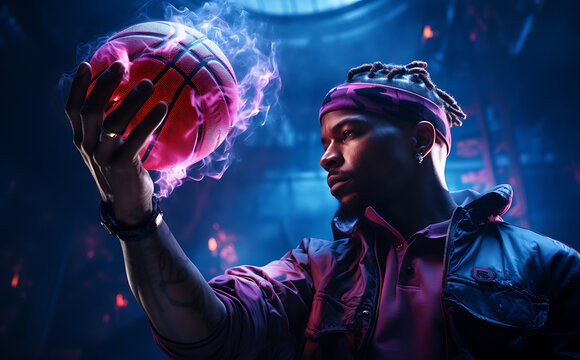 Man holding basketball in sport training, in the style of light indigo and pink, futuristic organic, bold fashion photography