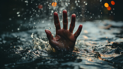 The desperate hand of a drowning person in sea water, quickly needing help and rescue - Drowning concept to illustrate emergency, panic, bankruptcy, depression, burnout, mental load, need assistance - obrazy, fototapety, plakaty