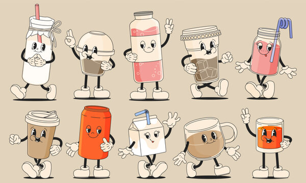 Retro cartoon drinks. Groovy 80s 90s alcohol beverage funny characters. Cartoon colorful alcohol for bar cafe restaurant, alcohol concept. Vector set