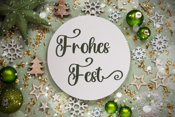 Text Frohes Fest, Means Happy Holidays, Green Christmas Decor, Snow