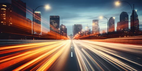 Fotobehang Digital Highway, Motion Effect, Fast Street, City silhouette and glowing headlamp trails on road. Flowing road with blurred motion visually conveying rapid speed and efficient transfer, generative Ai © Muhammad
