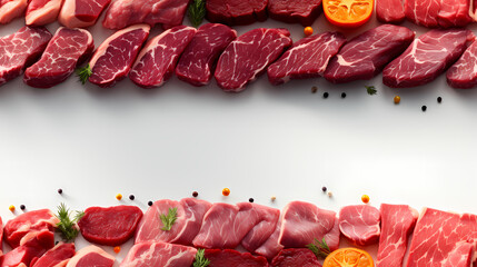 Raw meat on white background with space for text. Top view.