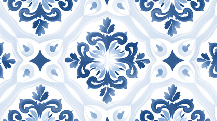 Seamless tiles background in Portuguese style. Blue and white mosaic pattern texture marble. Generative Ai.