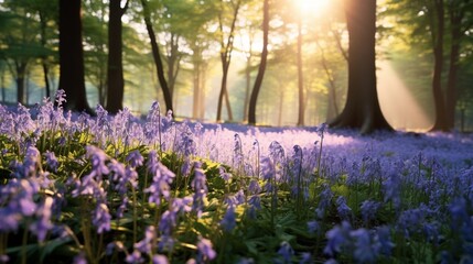 A field of bluebells in a forest, their delicate, bell-shaped flowers creating a carpet of violet beauty.