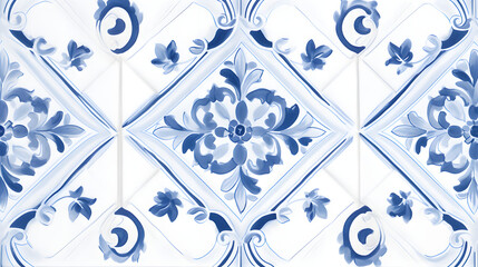 Seamless tiles background in Portuguese style. Blue and white mosaic pattern texture marble. Generative Ai. - obrazy, fototapety, plakaty