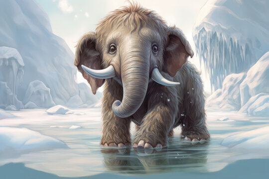 Cute little mammoth on snow in permafrost, winter background. Generative AI