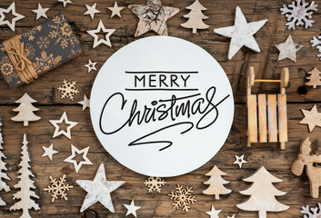 Text Merry Christmas, On Wooden Background, Natural Christmas Decoration