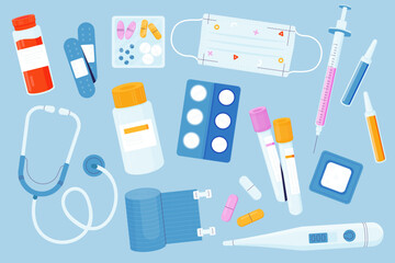 Cute pharmacy elements. Cartoon syringe and vial with medicine, pills and medical equipment, pharmacy doodle logo. Vector set