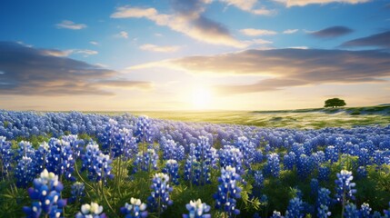 Obraz premium A field of bluebonnets, Texas' iconic wildflower, with their brilliant blue blossoms creating a sea of vibrant beauty.