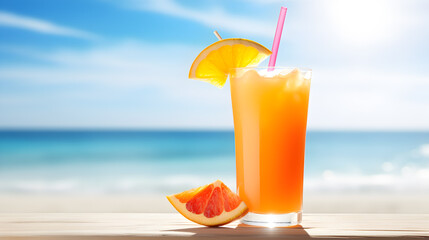 Mixed drinks with orange slices on a table with sandy beach and sea view. Cold refreshing summer, Background for summer vacation and travel.