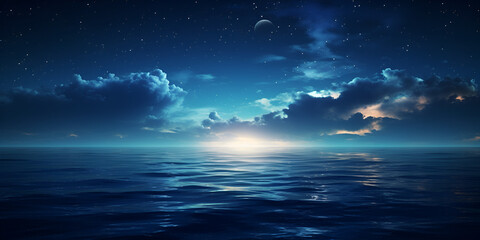 Fototapeta na wymiar Thunder Sea , 3d rendering Light in the sea at night, A view of the ocean with a full moon and stars, A night sky over the ocean with stars and clouds, generative Ai