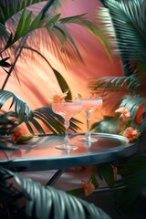 Cocktails in martini glasses with tropical palm leaves and flowers on background