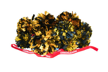 Gold and black pompoms with a red cheerleading ribbon - obrazy, fototapety, plakaty