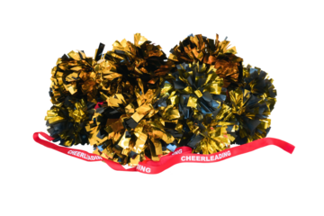 Gold and black pompoms with a red cheerleading ribbon