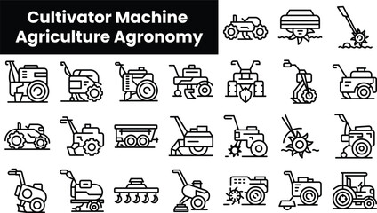 Set of outline cultivator machine agriculture agronomy icons - obrazy, fototapety, plakaty