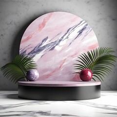 Luxury colorful light red marble podium with  round arch with tropical for product