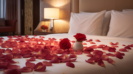 Red roses and petal on a bed in the hotel rooms, romantic, honeymoon and Valentine's Day concept.
