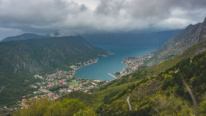 Bay of Kotor on a cloudy day seen from above