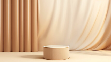 Fototapeta na wymiar Abstract realistic Beige and Cream 3D cylinder pedestal podium with vertical curtain backdrop. Luxury brown minimal scene for cosmetic product display presentation. Made with generative ai