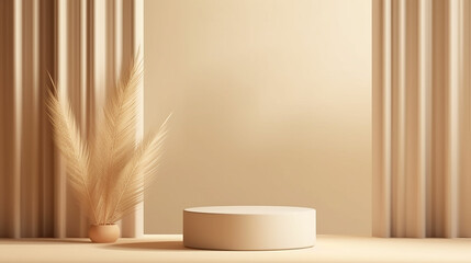Abstract realistic Beige and Cream 3D cylinder pedestal podium with vertical curtain backdrop. Luxury brown minimal scene for cosmetic product display presentation. Made with generative ai