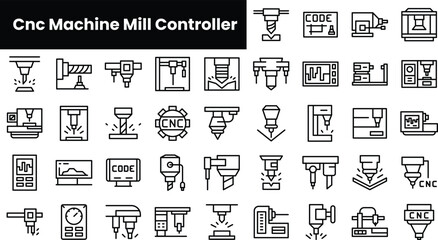 Set of outline cnc machine mill controller icons - obrazy, fototapety, plakaty