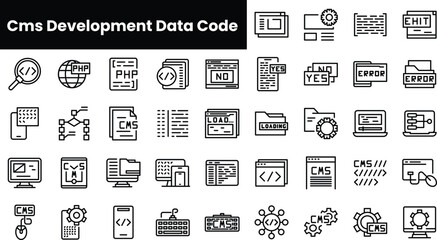 Set of outline cms development data code icons
