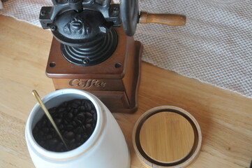 Doing the classic coffee in the morning with interior kitchenware on the table, refreshment , time to relaxing