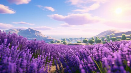 A field of lavender in full bloom, the fragrant, purple flowers spreading their soothing aroma throughout the landscape.