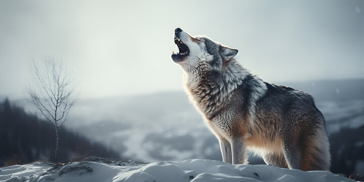Wolf on cinematic landscape, Impressive Wolf, Arctic Wolf Action, wolf howling at moon, generative Ai