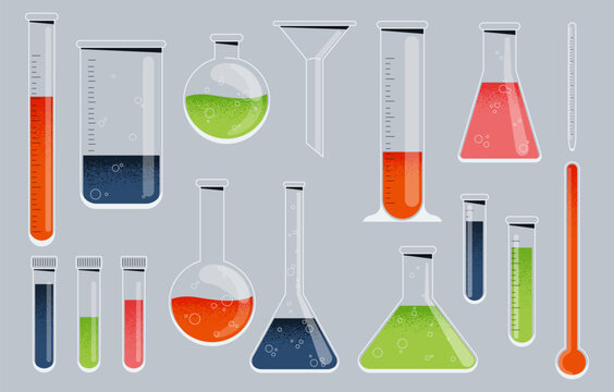 Chemistry glass. Laboratory glassware with test tube beaker flask pipette erlenmeyer flask, science instrument collection. Vector set