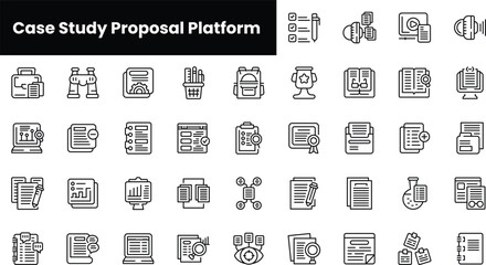 Set of outline case study proposal platform icons