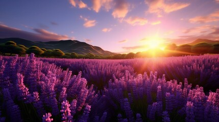 A field of lavender in full bloom, the fragrant, purple flowers spreading their soothing aroma...