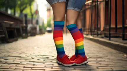 Lesbian couple with colorful socks on a street