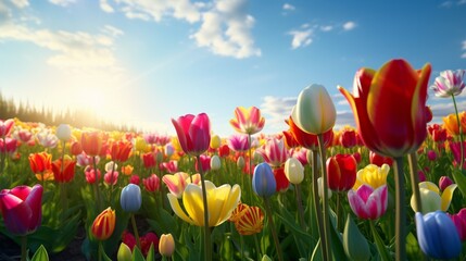 A field of tulips, each flower displaying its unique color and shape, creating a dynamic and captivating display of nature's artistry.