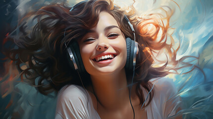 beautiful girl in big headphones smiles. hair flutters in the wind